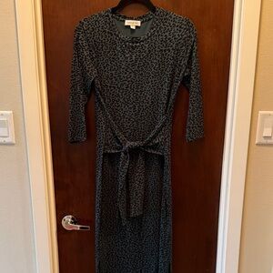 Amour Vert Teal and Black Leopard-Print Midi Dress with Tie Waist